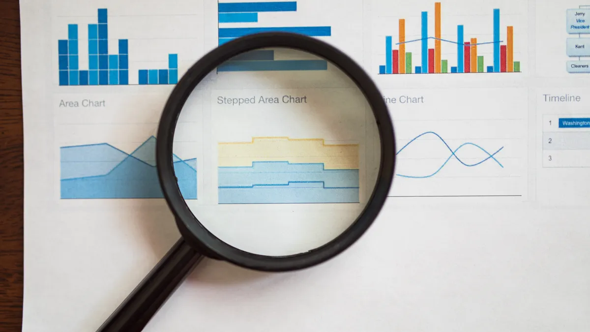 Magnifying glass over dashboard charts