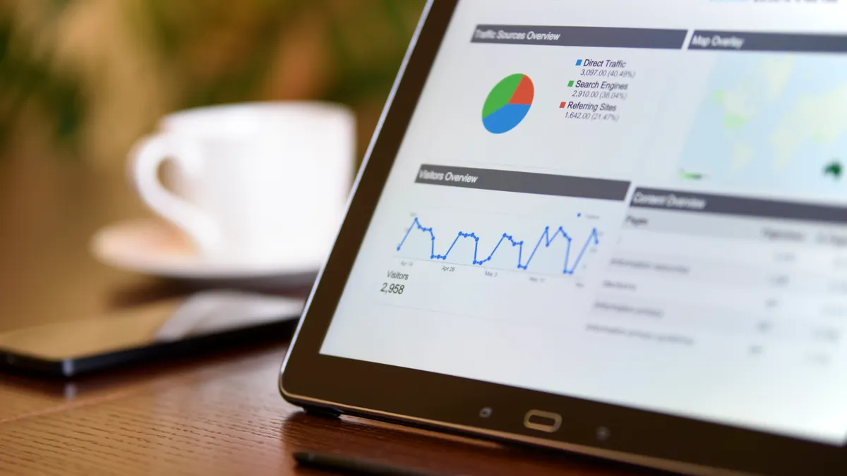 tablet showing a metrics dashboard with line and pie charts